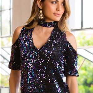 Boston Proper Black Sequin Cold Shoulder Blouse